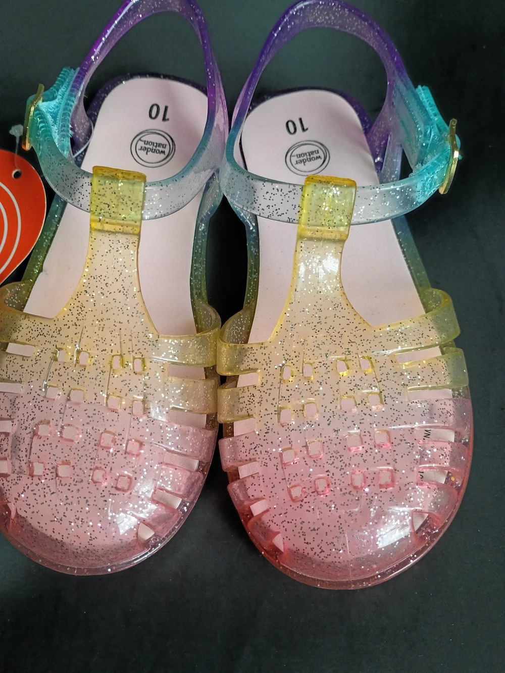 wonder nation Girls' Glitter Ombre Jelly Sandals - Purple Pink Yellow Blue